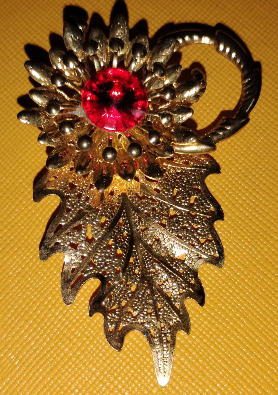 Vintage Victorian Revival Ruby Red Glass Filigree Leaf Brooch 2.5"